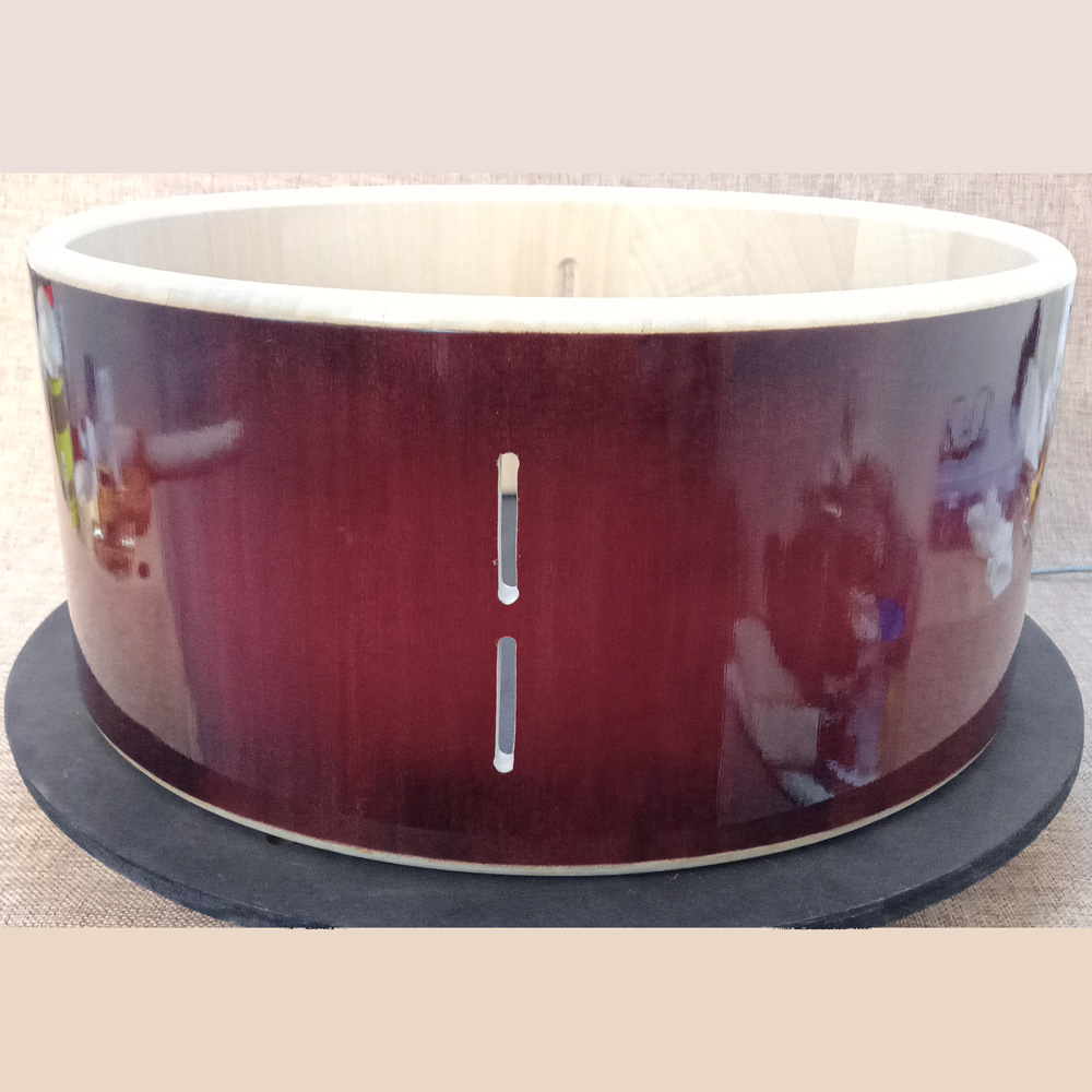 Solid Maple stave snaredrum shell, sunburst, with universal hardware slots