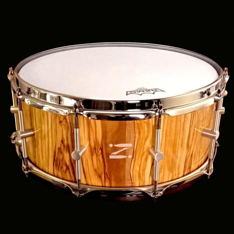 full custom snare drum build, Olivewood stave shell with Sonique NATO-1 strainer