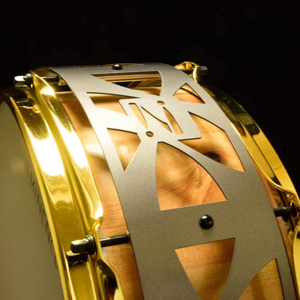 Multi-wood stave shell free-floating snare drum