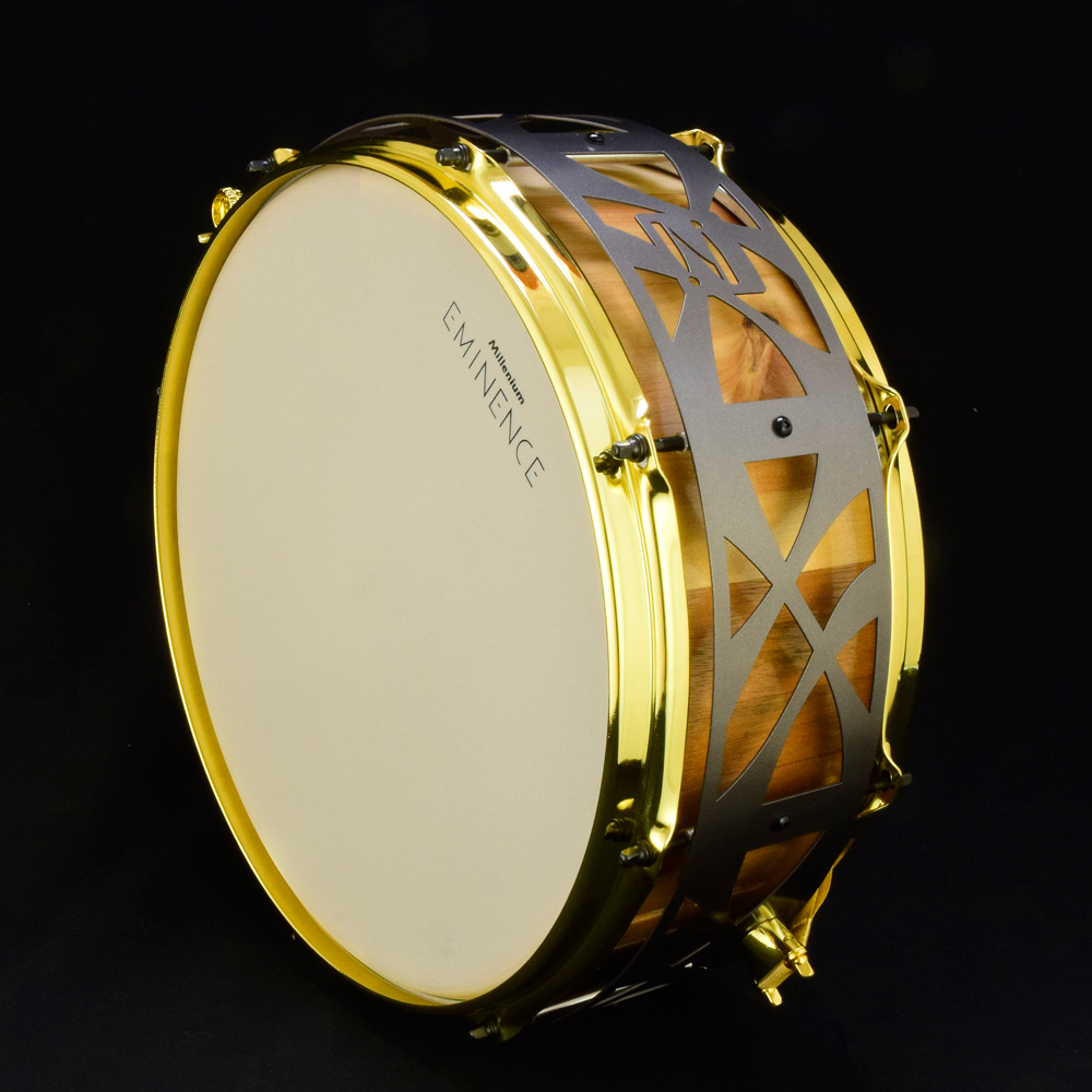 Multi-wood stave shell free-floating snare drum