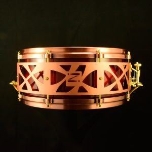 Red sunburst Maple stave shell snare with copper die-cast hoops, gold hardware