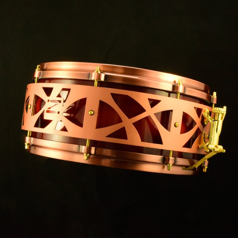 Red sunburst Maple stave shell snare with copper die-cast hoops, gold hardware