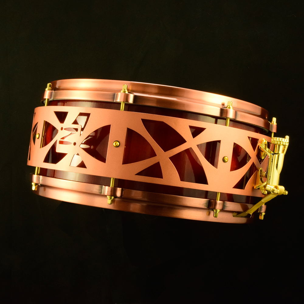 Red sunburst Maple stave shell snare with copper die-cast hoops, gold hardware