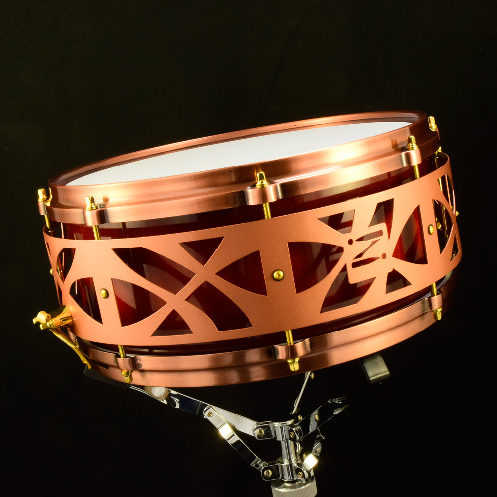 Red sunburst Maple stave shell snare with copper die-cast hoops, gold hardware