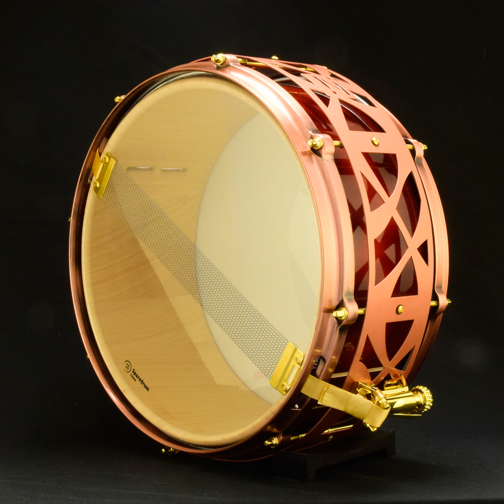 Red sunburst Maple stave shell snare with copper die-cast hoops, gold hardware