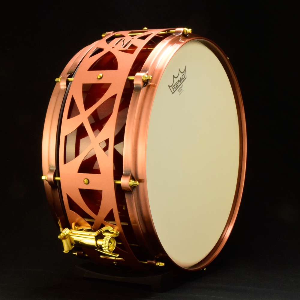 Red sunburst Maple stave shell snare with copper die-cast hoops, gold hardware