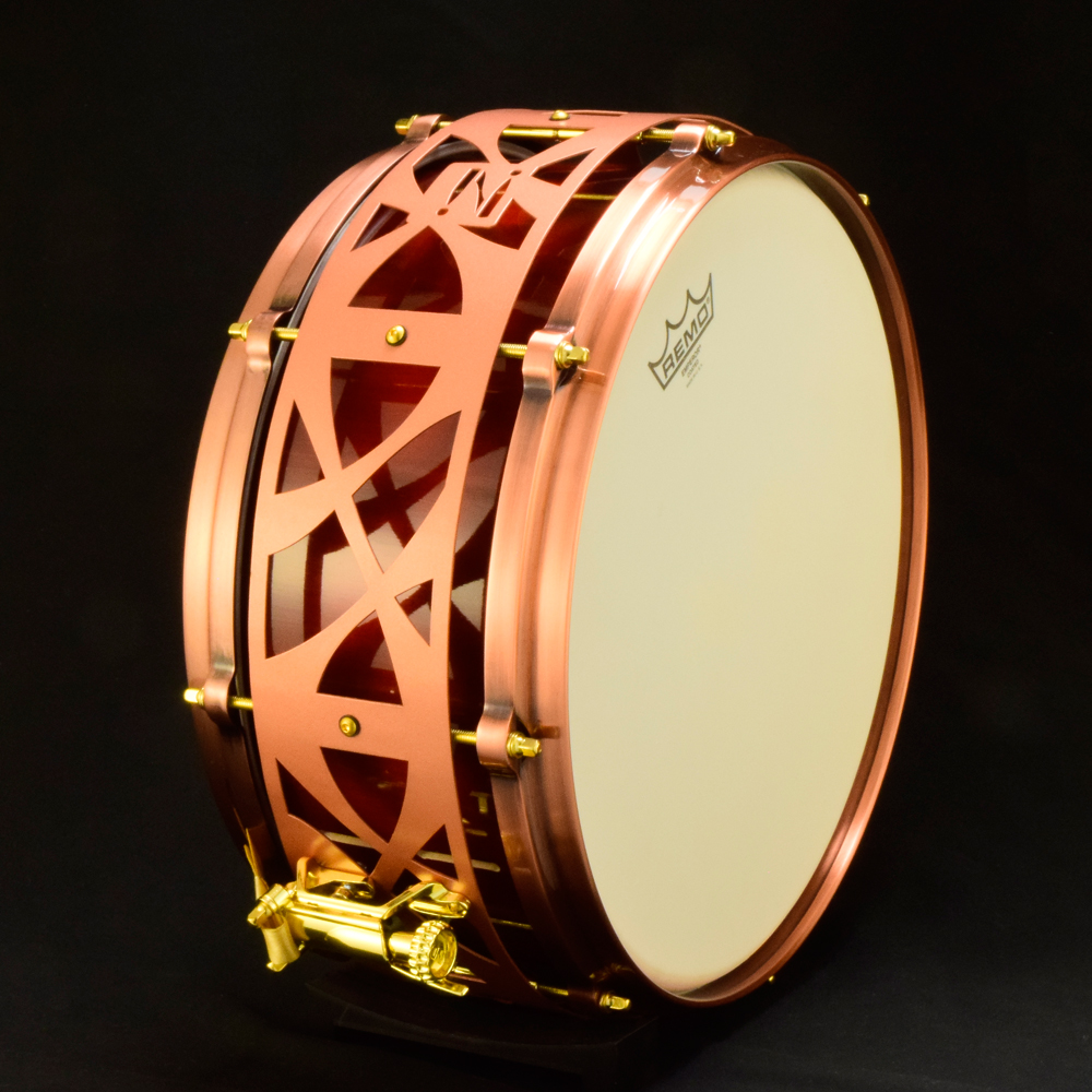 Red sunburst Maple stave shell snare with copper die-cast hoops, gold hardware