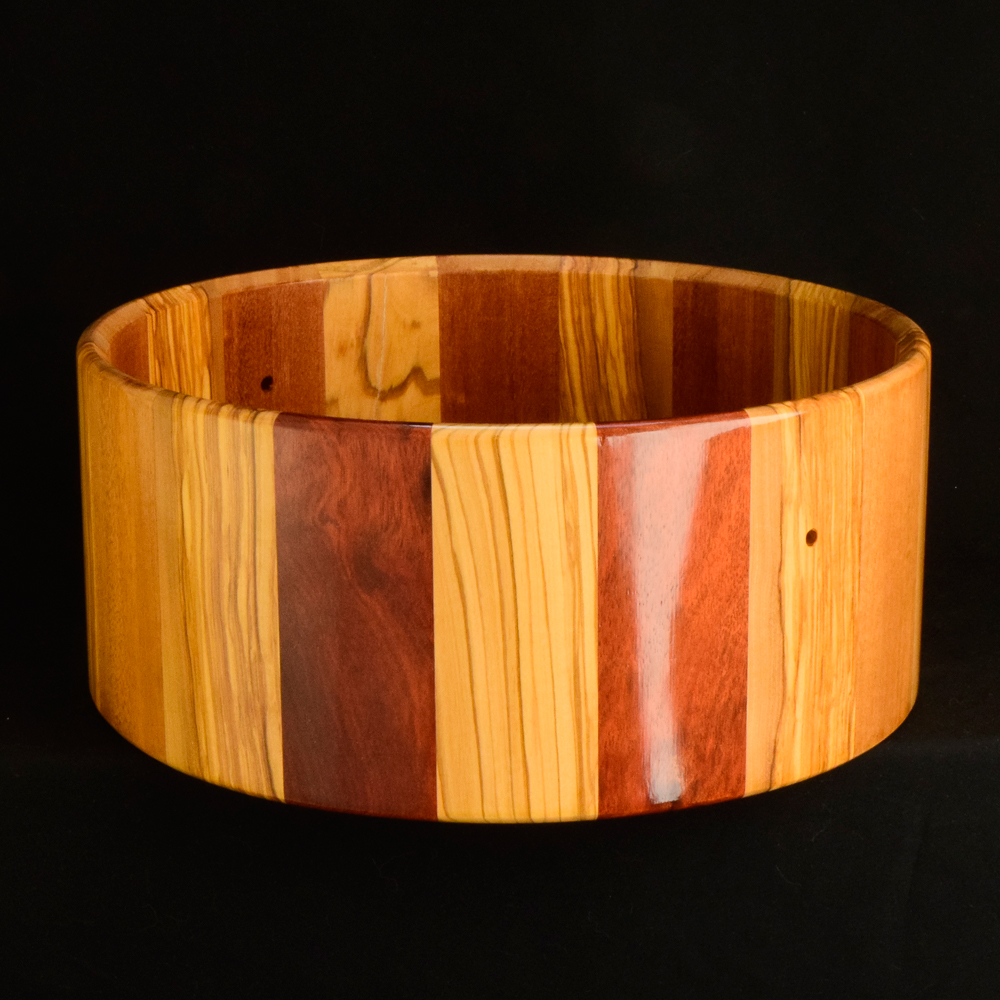 Olivewood, mahogany and bloodwood stave shell 14x6 inches